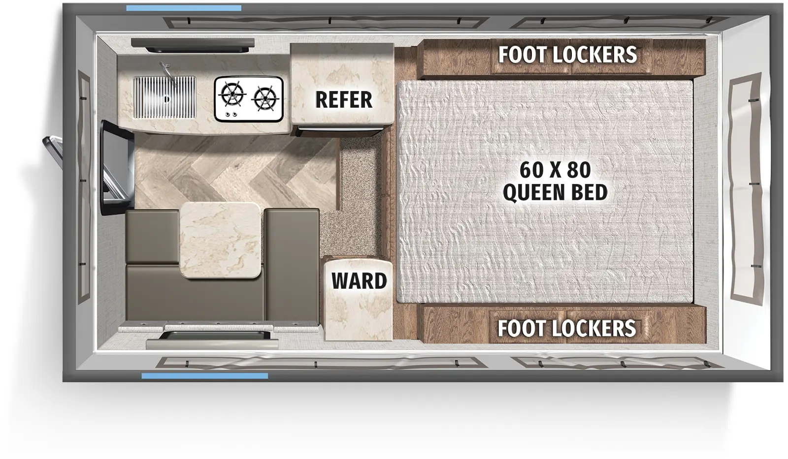 The Backpack Truck Camper SS-550 floorplan features include: 